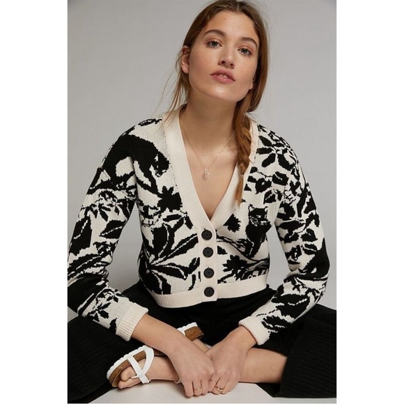 Anthropologie Sweaters - BOGO! Anthropologie Maeve Panther Cardigan Sweater Cream Black Size Large